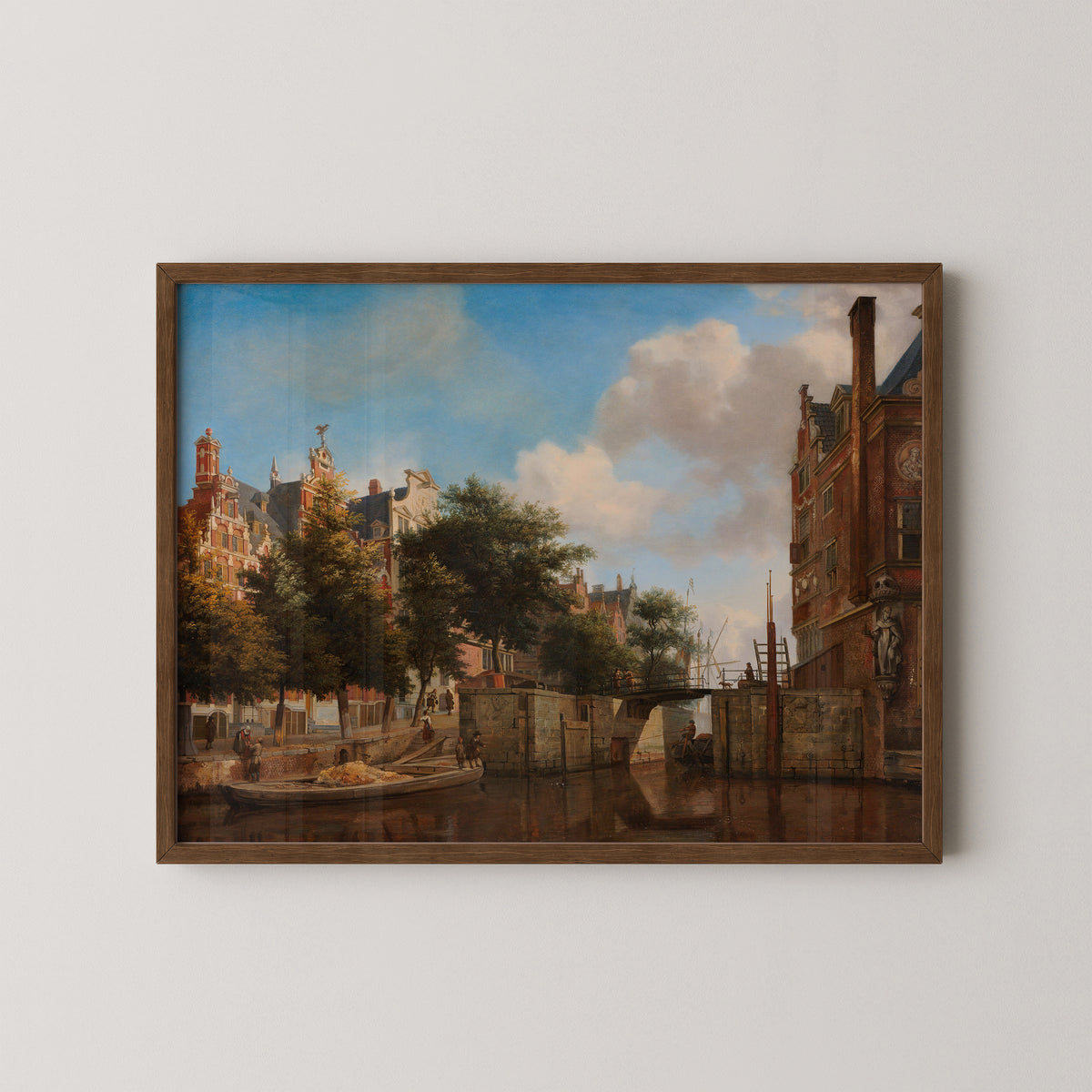 The Nieuwe Zijds Voorburgwal with the Oude Haarlemmersluis, Amsterdam (with Topographical Liberties) by Jan van der Heyden, art print in a dark wood frame