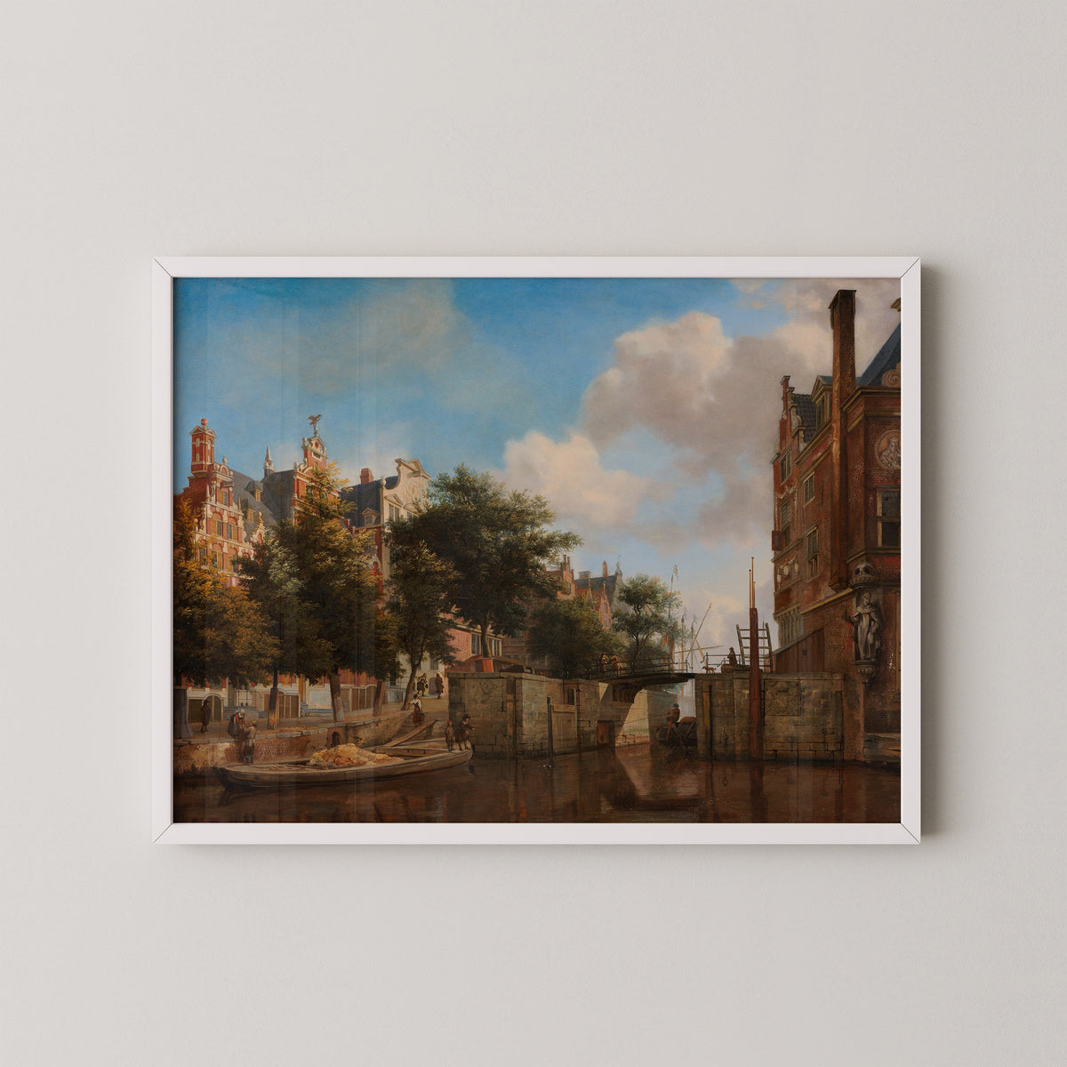 The Nieuwe Zijds Voorburgwal with the Oude Haarlemmersluis, Amsterdam (with Topographical Liberties) by Jan van der Heyden, art print in a white frame