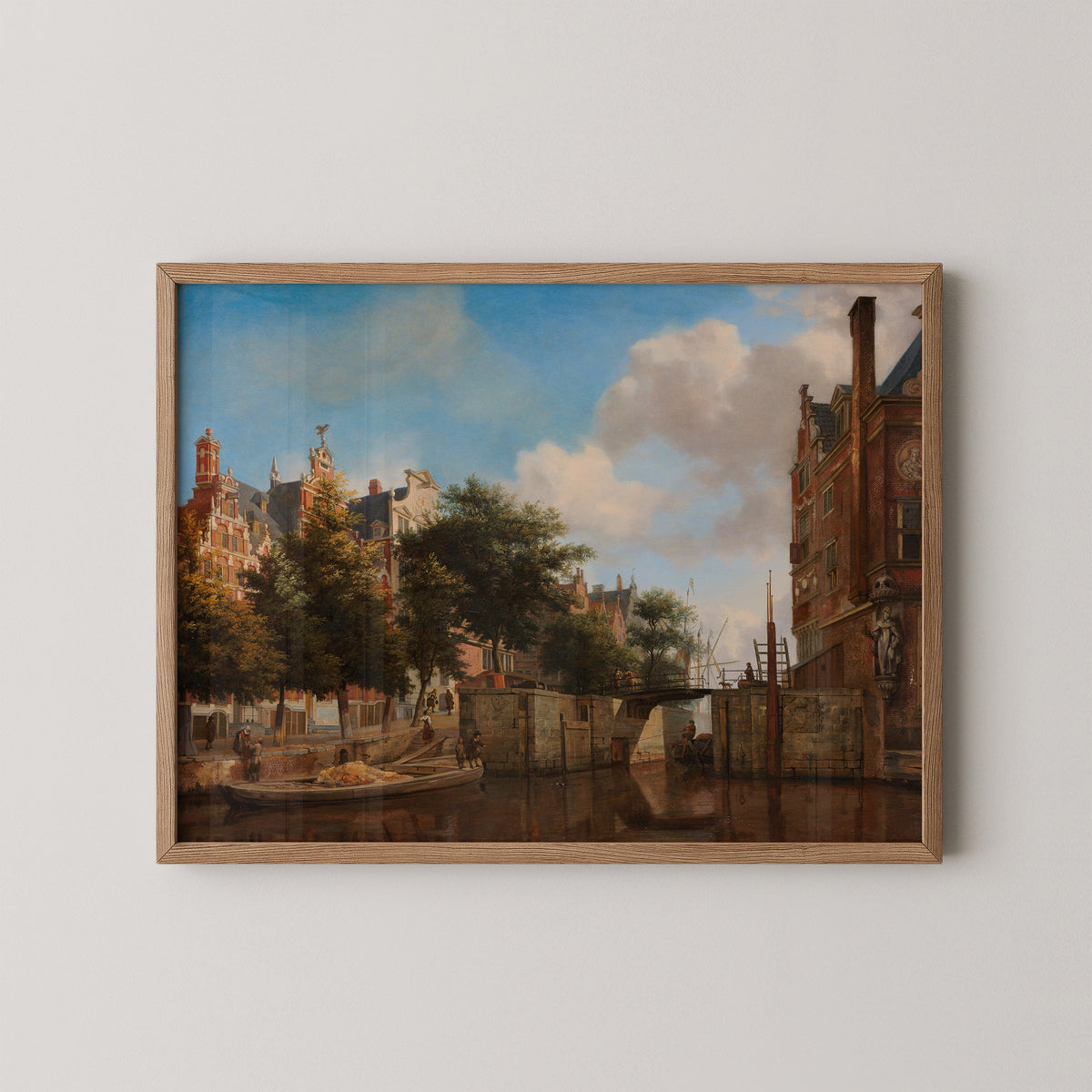 The Nieuwe Zijds Voorburgwal with the Oude Haarlemmersluis, Amsterdam (with Topographical Liberties) by Jan van der Heyden, art print in a natural wood frame