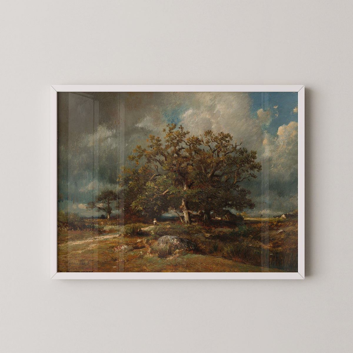 White-framed The Old Oak by Jules Dupré art print, featuring weathered oak beneath a dramatic sky