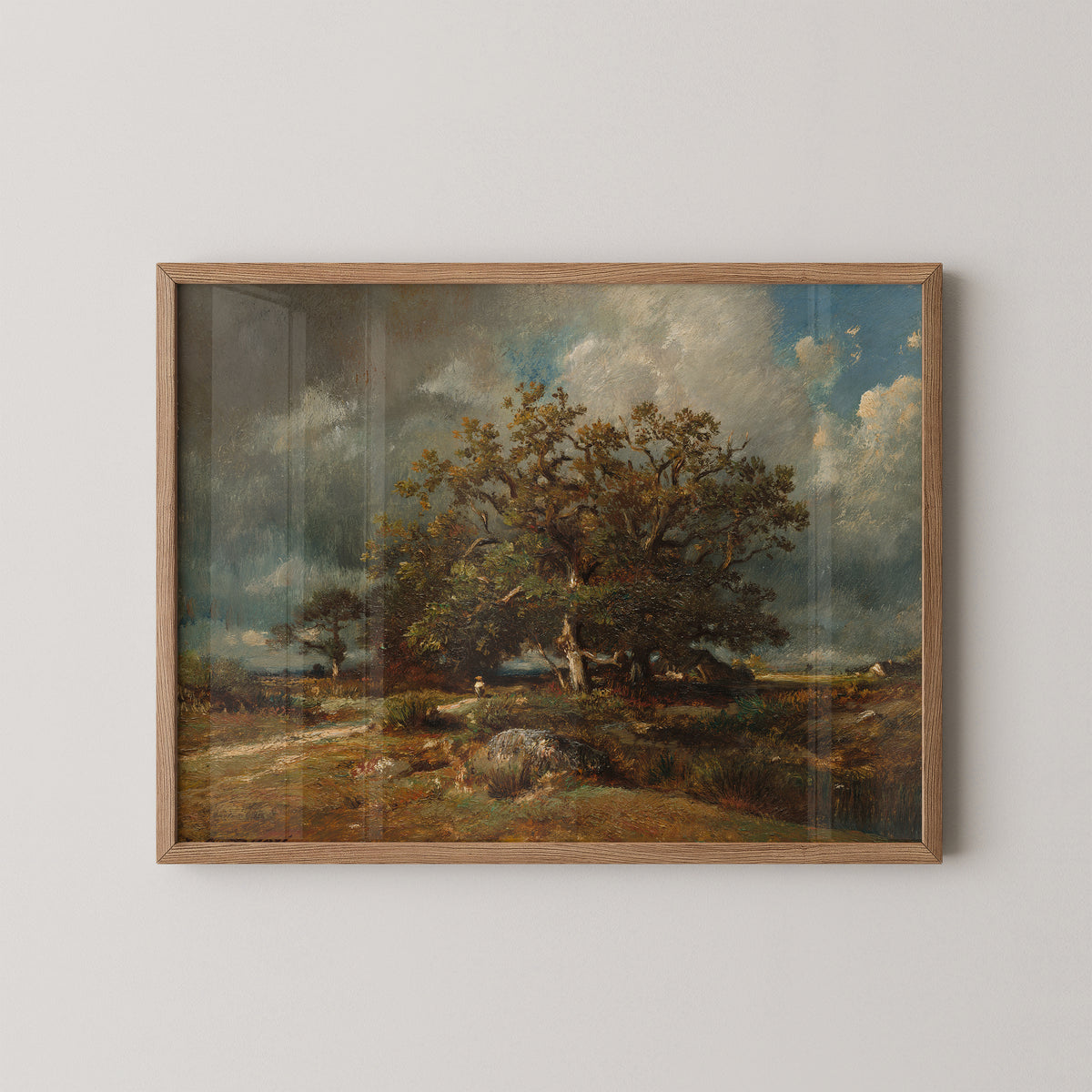Natural wood-framed The Old Oak by Jules Dupré art print, showing weathered oak beneath a dramatic sky