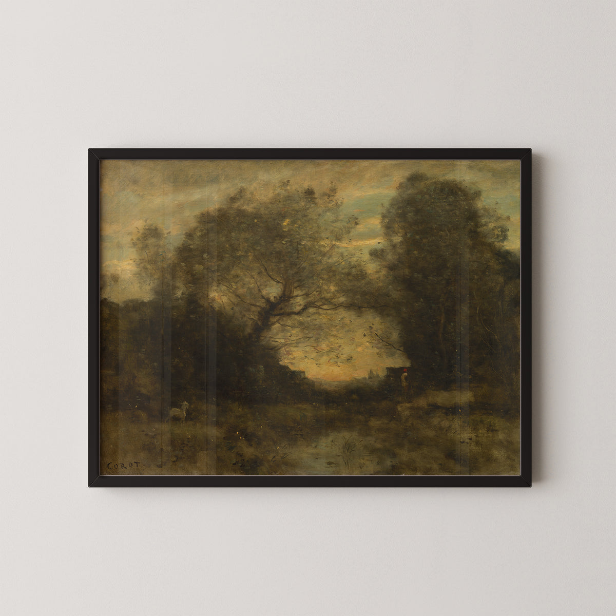 The Pond at the Entrance of the Woods by Jean Baptiste Camille Corot, art print in a black frame
