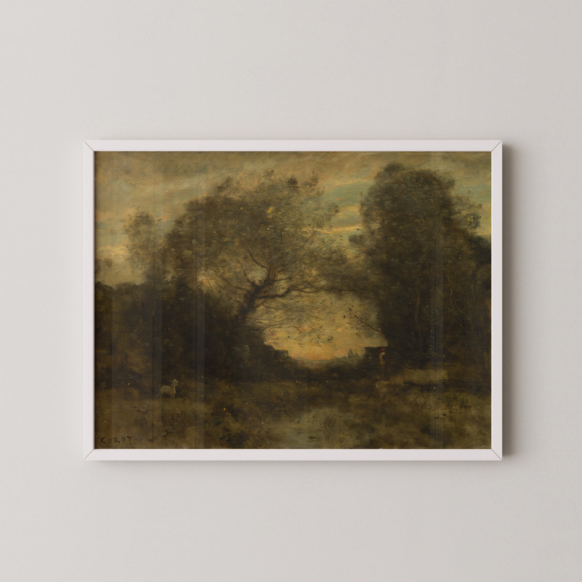 The Pond at the Entrance of the Woods by Jean Baptiste Camille Corot, art print in a white frame