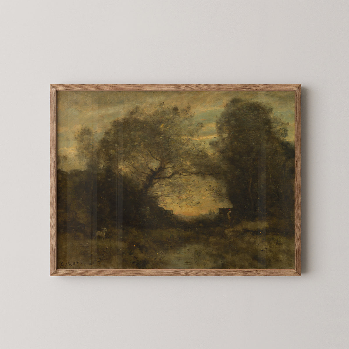 The Pond at the Entrance of the Woods by Jean Baptiste Camille Corot, art print in a natural wood frame