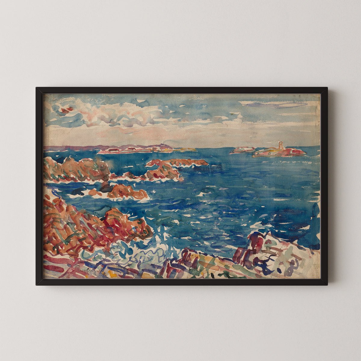 The Rocky Seashore by Maurice Prendergast, art print in a black frame