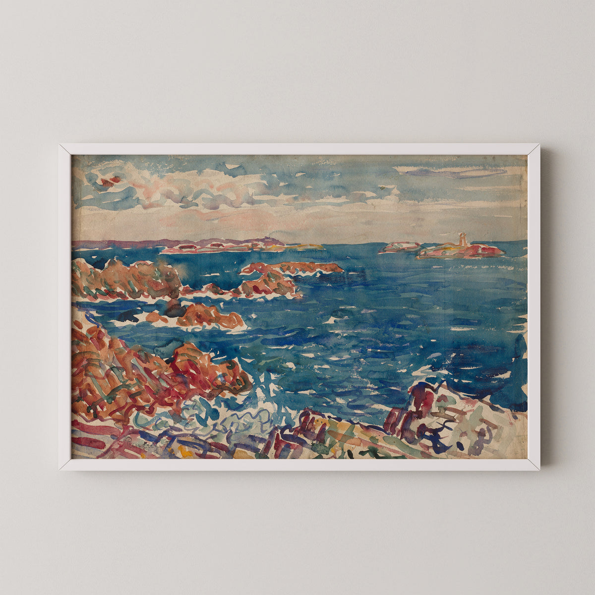 The Rocky Seashore by Maurice Prendergast, art print in a white frame