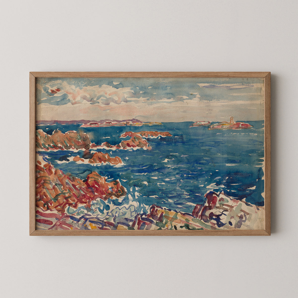 The Rocky Seashore by Maurice Prendergast, art print in a natural wood frame