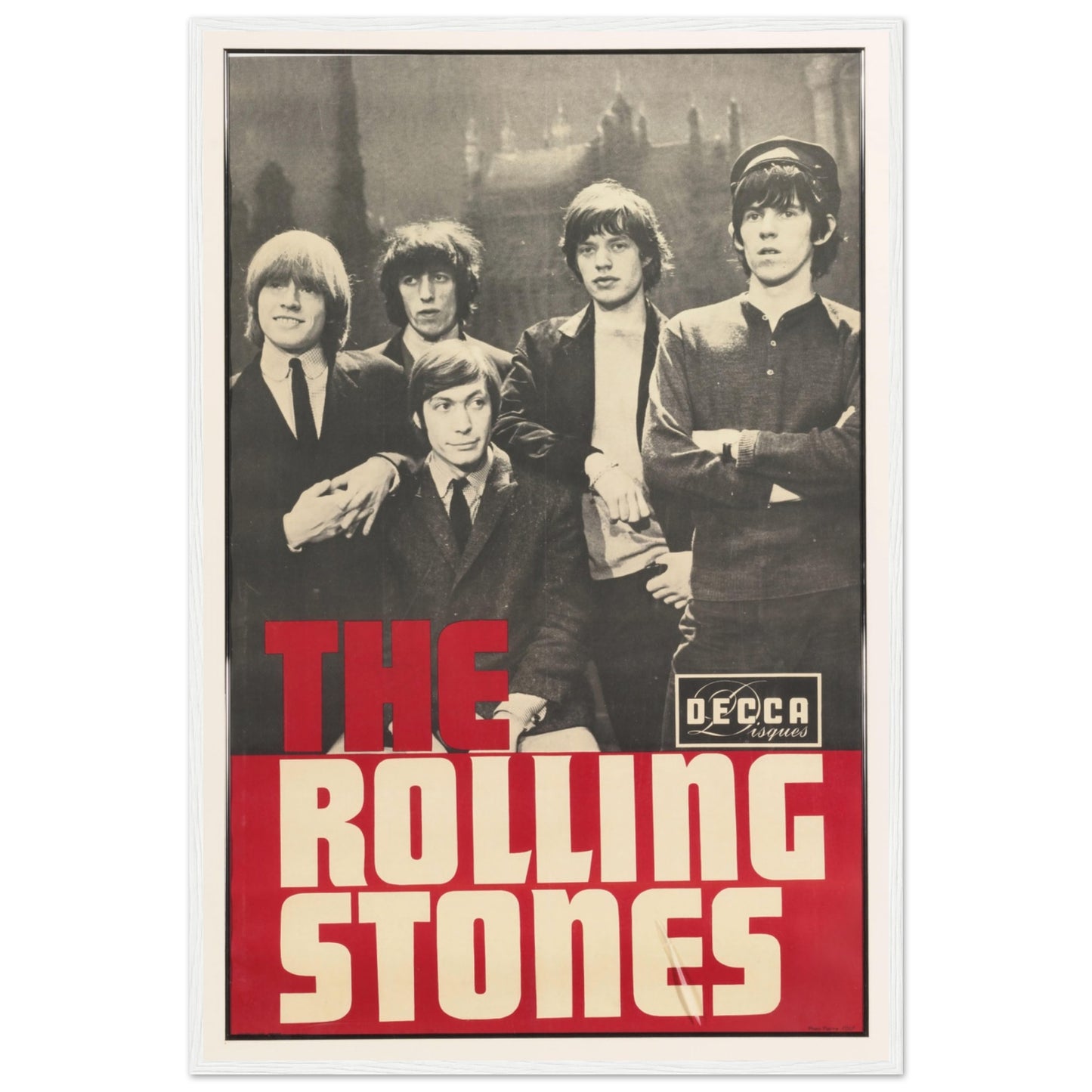 1960s Rolling Stones concert poster with original Decca design — classic British rock memorabilia in black, white, and red tones.