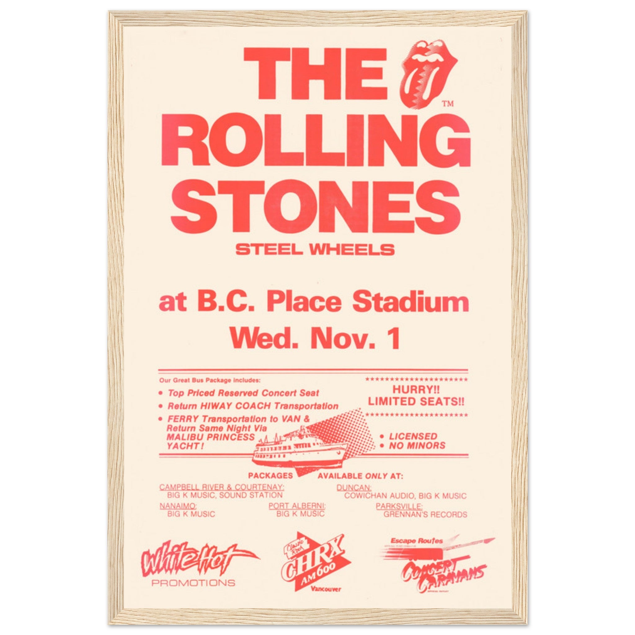 The Rolling Stones tour poster for Steel Wheels concert at B.C. Place Stadium, featuring bold red text and iconic tongue logo.
