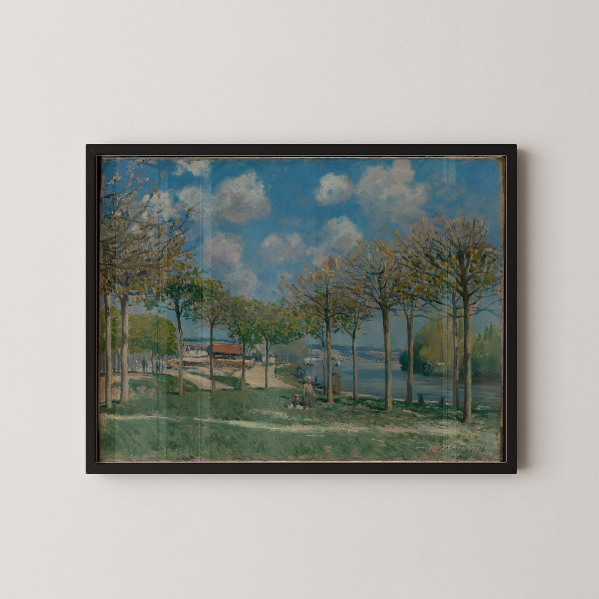 The Seine at Bougival by Alfred Sisley, Impressionist river landscape in a black frame