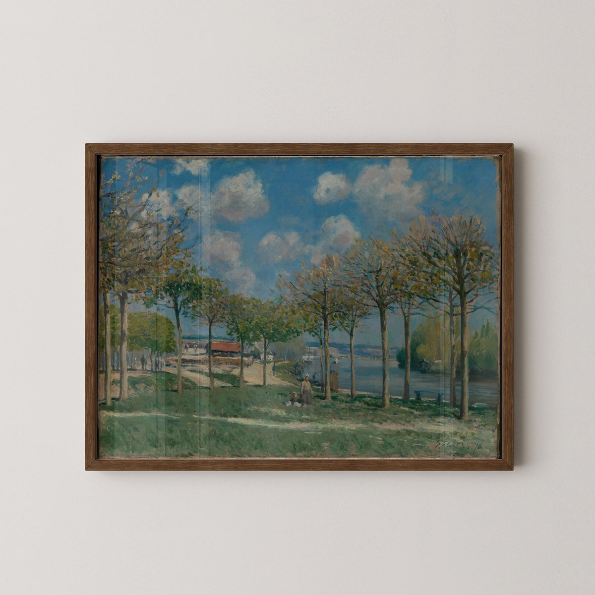 Dark wood-framed Seine landscape by Sisley, with small riverside figures beneath a broad cloudy sky