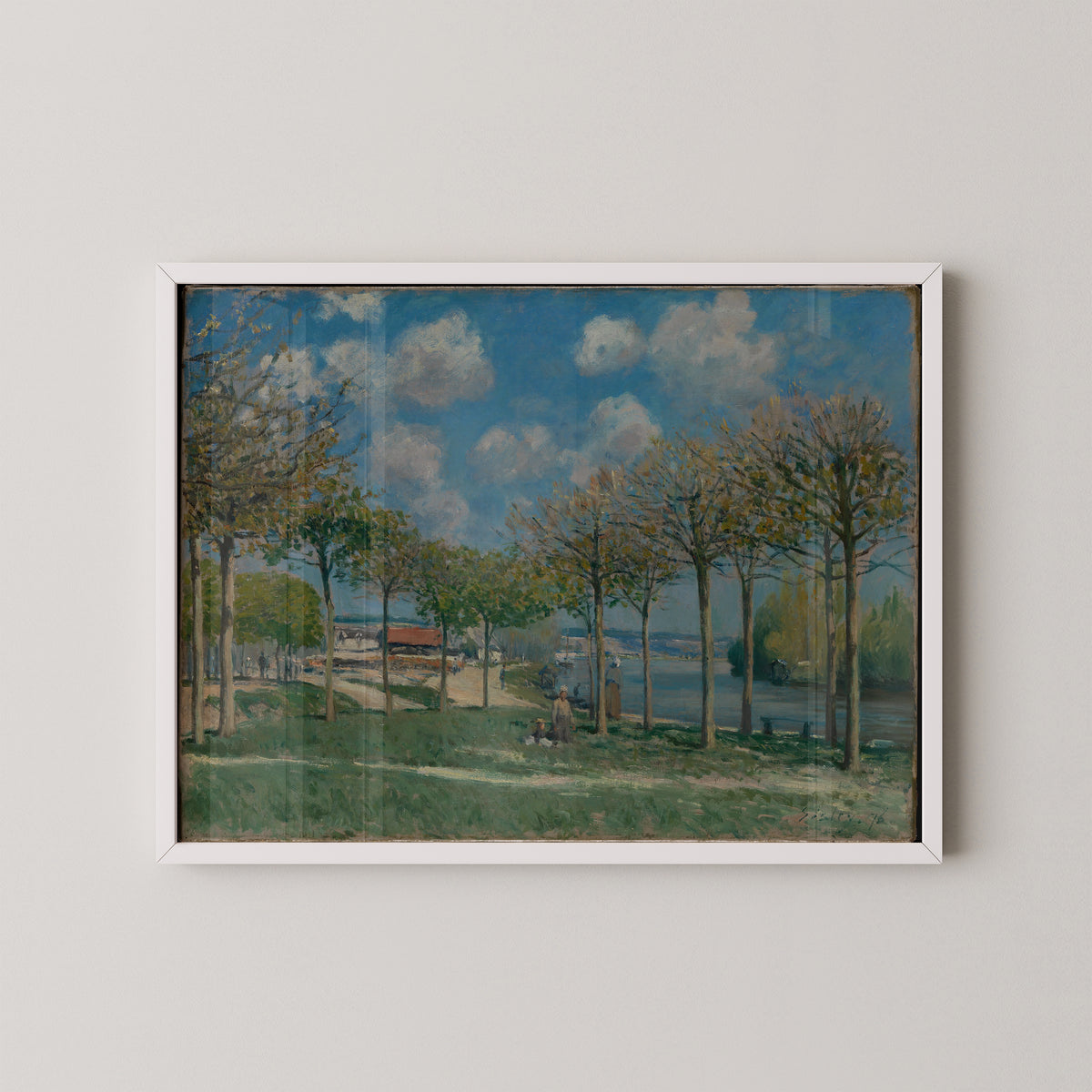 White-framed The Seine at Bougival art print, showing V-shaped trees and distant riverside buildings
