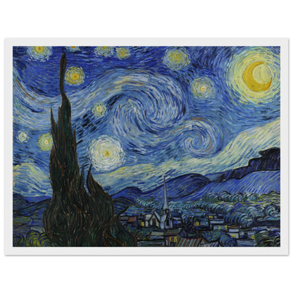 High-quality reproduction of The Starry Night (1889) by Vincent van Gogh, capturing swirling skies and luminous blues in this timeless masterpiece.