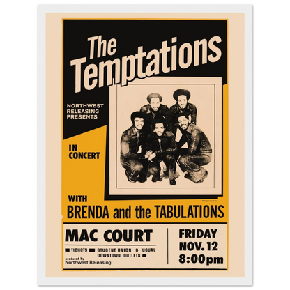 Vintage-style concert poster for The Temptations, celebrating the golden age of Motown soul with bold retro graphics and timeless design.