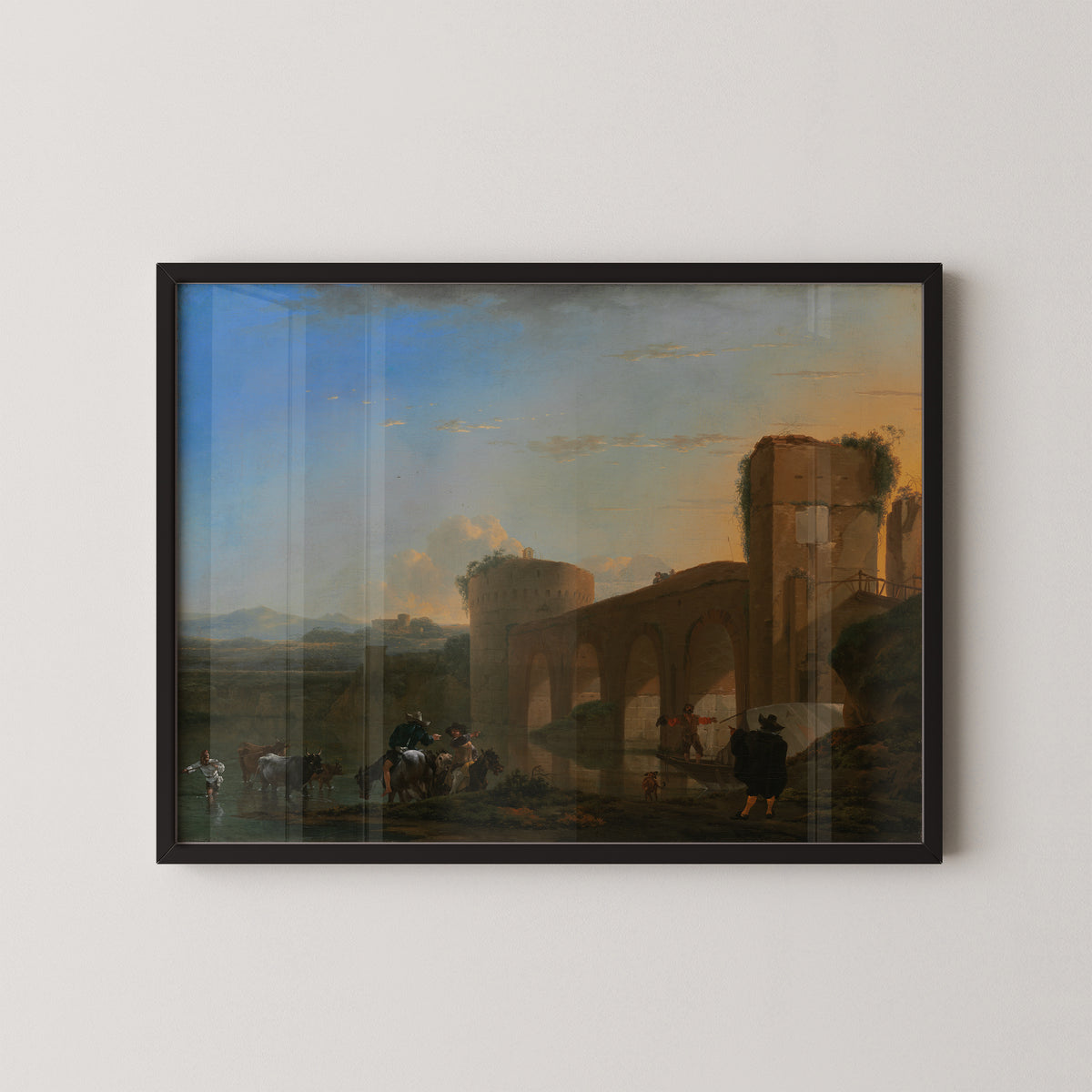The Tiber River with the Ponte Molle at Sunset by Jan Asselijn, bridge landscape art print in a black frame