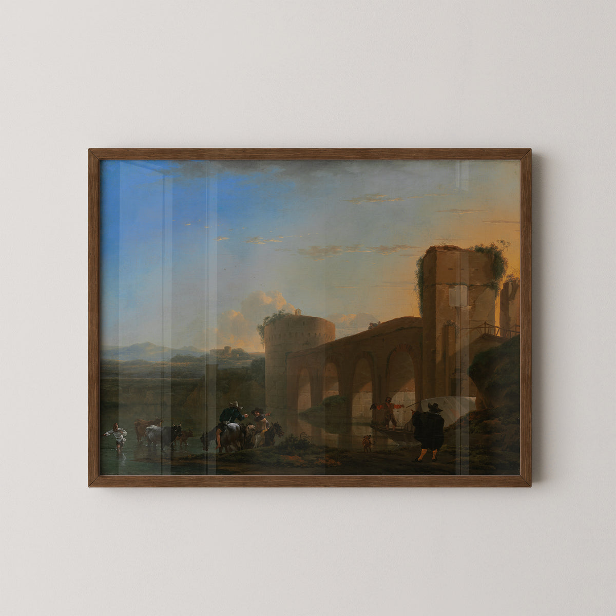 Dark wood-framed Ponte Molle at Sunset, with horses near the riverbank and warm evening light