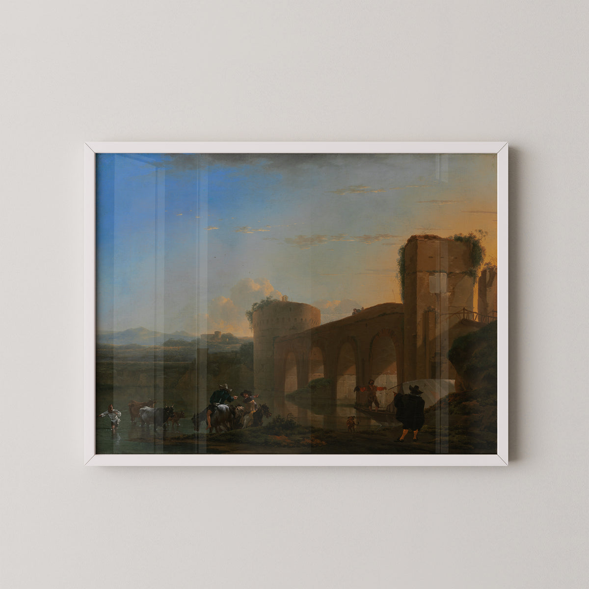 White-framed Jan Asselijn landscape with weathered architecture beneath a wide blue and golden sky