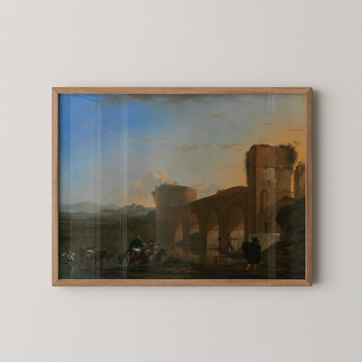 Natural wood-framed Asselijn print with stone bridge arches and figures beside the Tiber River