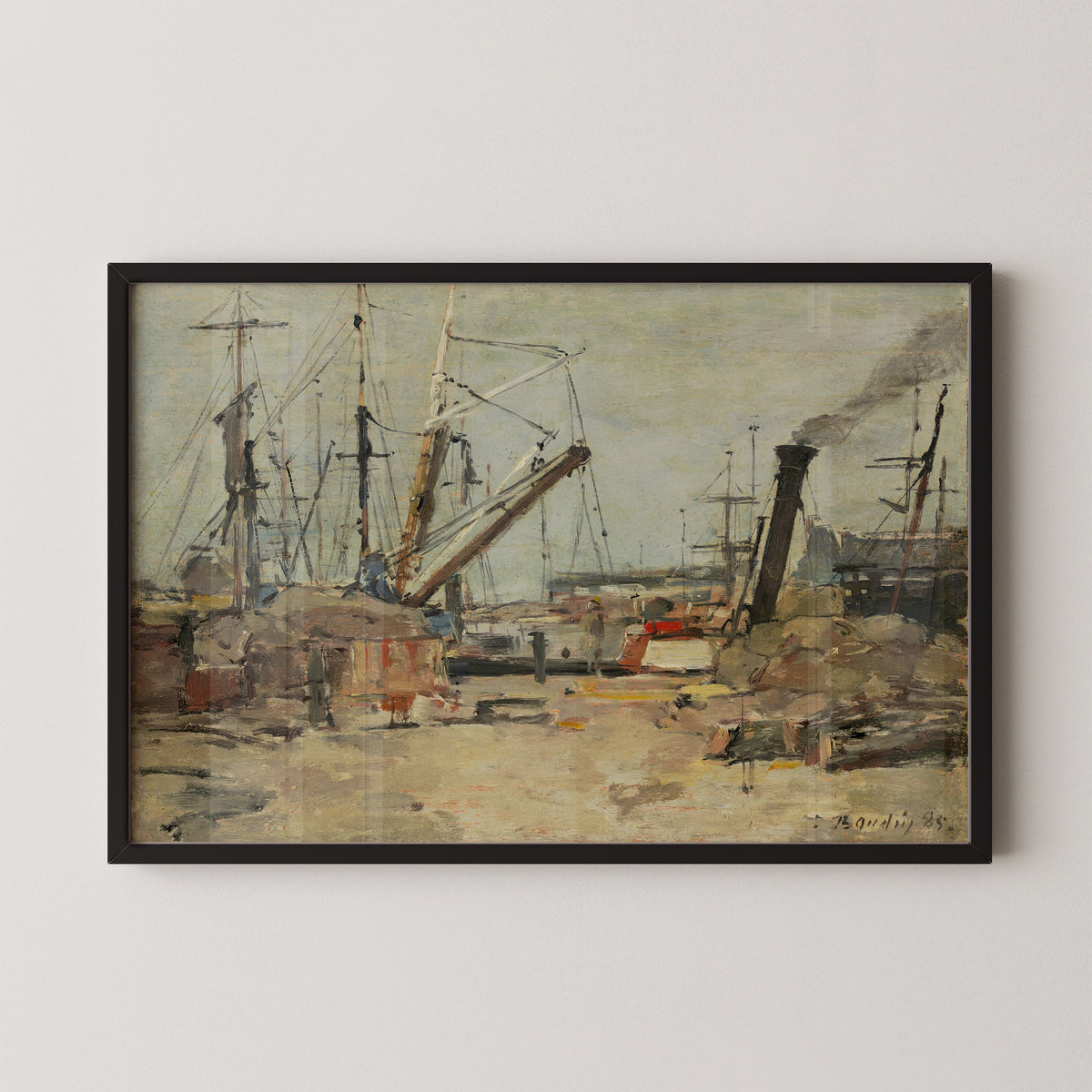 The Trawlers by Eugène Boudin art print in a black frame, showing fishing boats and harbor masts