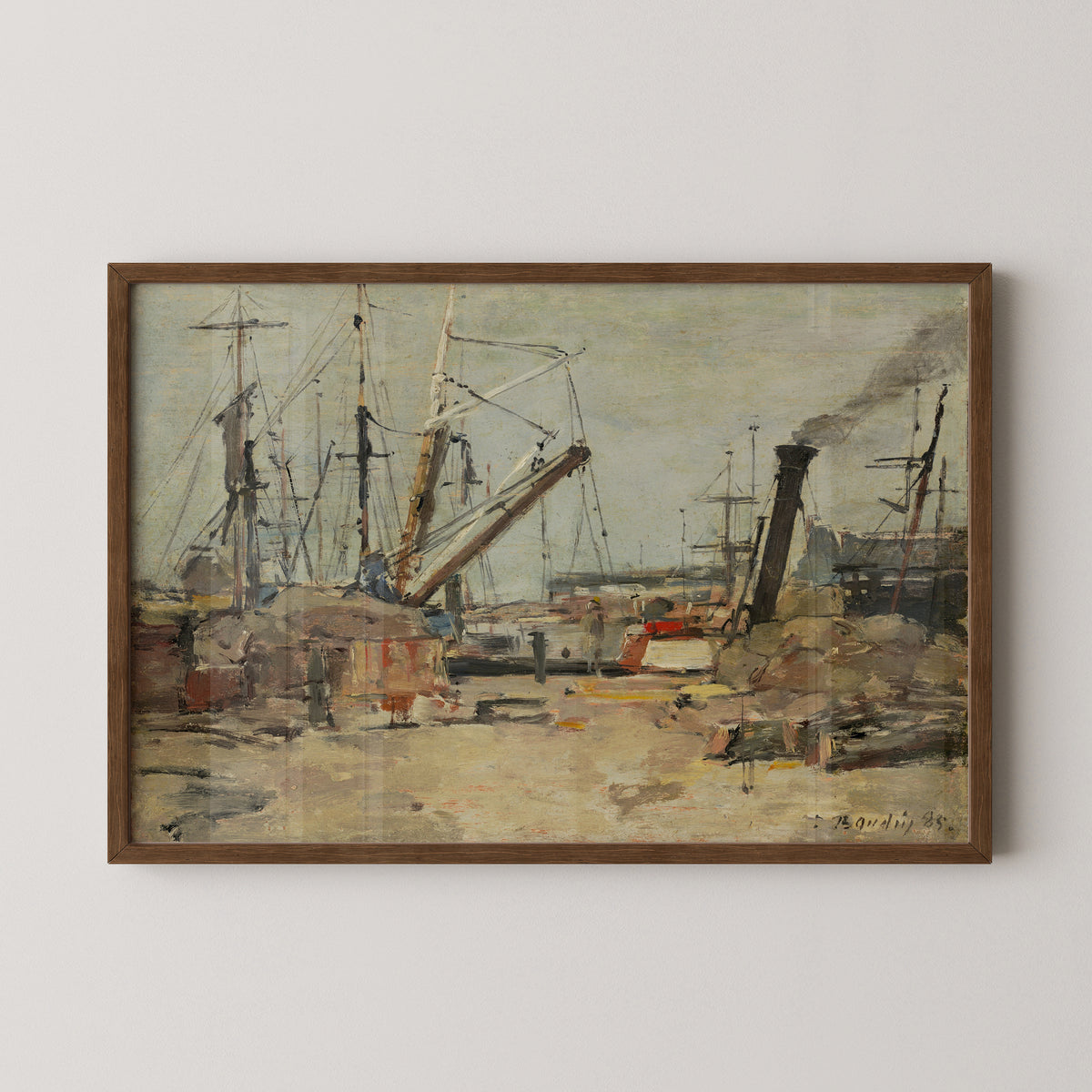 The Trawlers by Eugène Boudin art print in a dark wood frame, with fishing boats and harbor masts