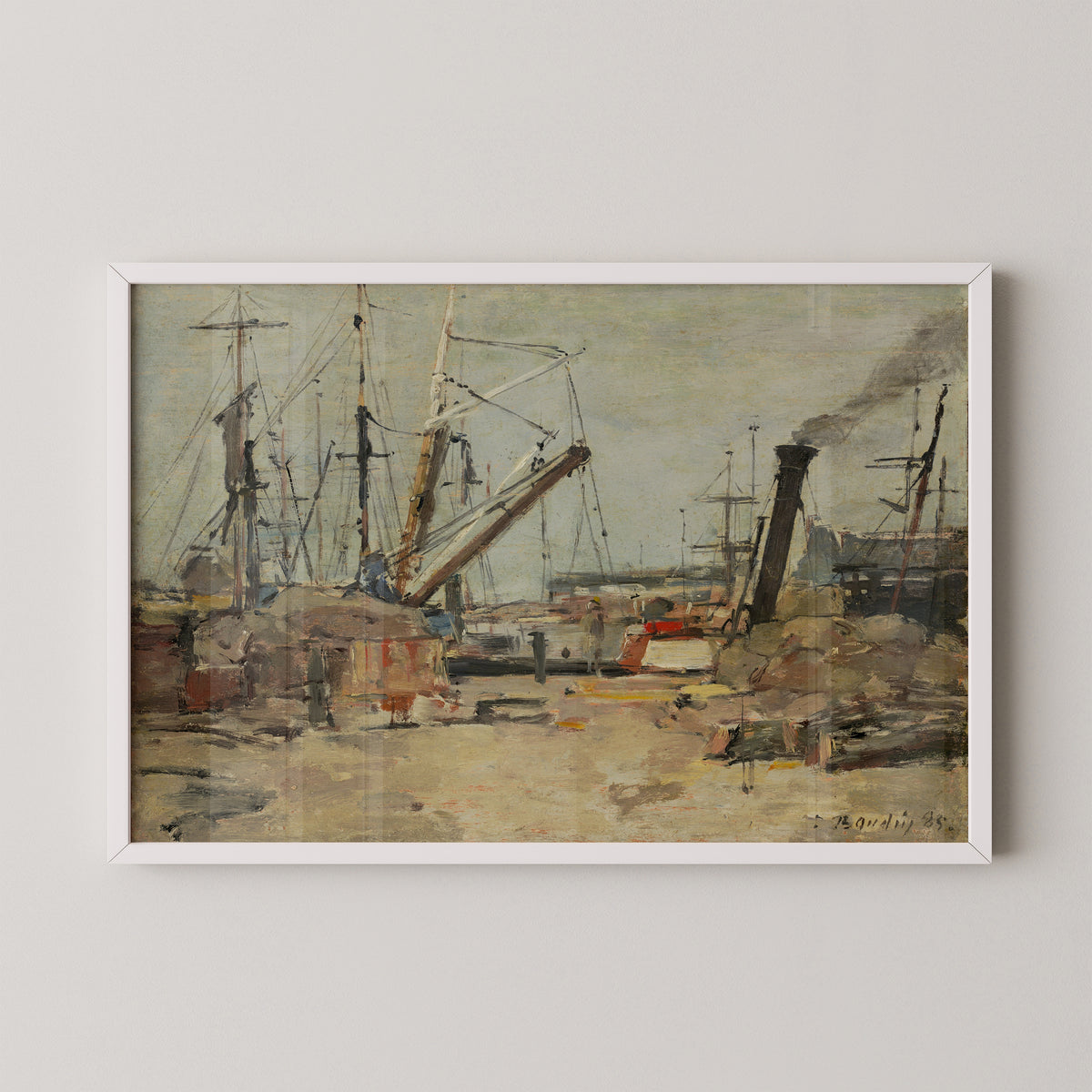 White-framed The Trawlers by Eugène Boudin art print, featuring fishing boats and harbor masts