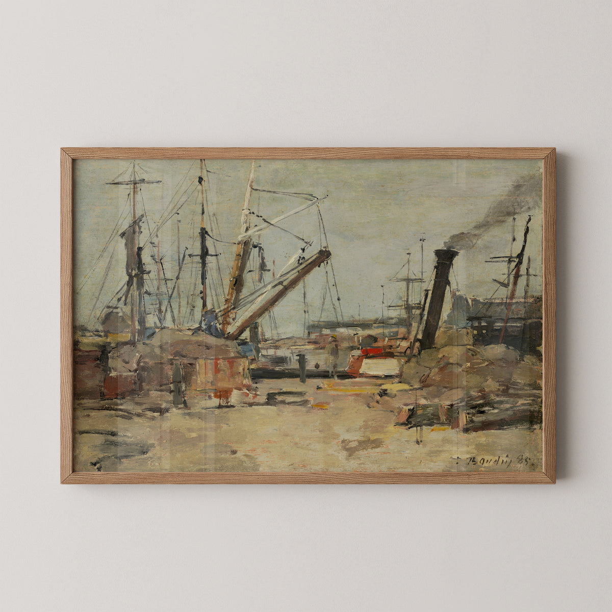 Natural wood-framed The Trawlers by Eugène Boudin art print, showing fishing boats and harbor masts