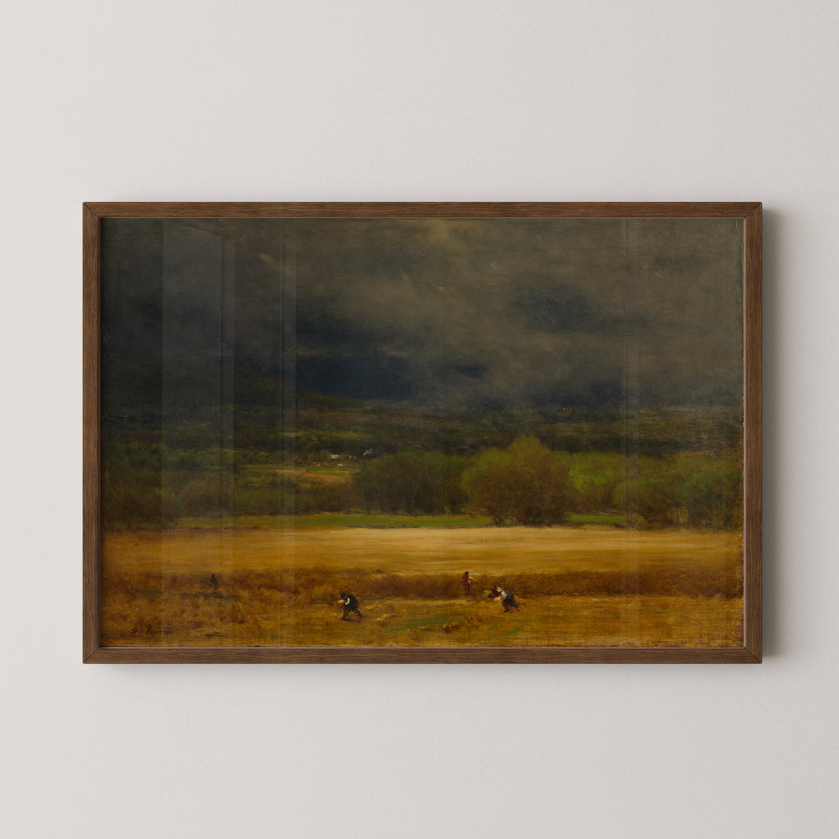 The Wheat Field by George Inness, art print in a dark wood frame