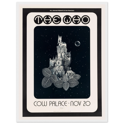 1970s concert poster print of The Who at the Cow Palace, showcasing retro graphic design and iconic rock-and-roll energy.