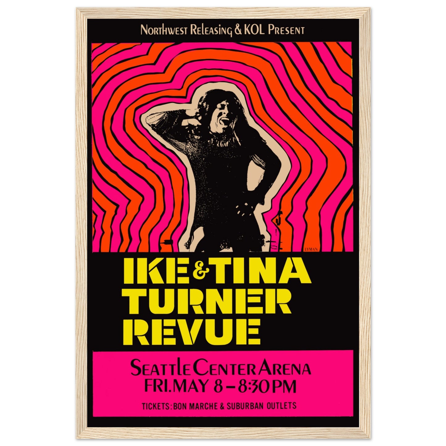 Tina Turner Revue poster with striking pink and yellow psychedelic art — vintage print for 70s music decor and collectors.