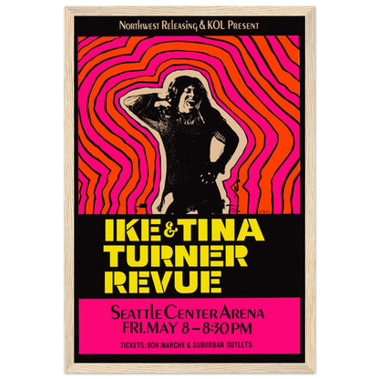 Tina Turner Revue poster with striking pink and yellow psychedelic art — vintage print for 70s music decor and collectors.
