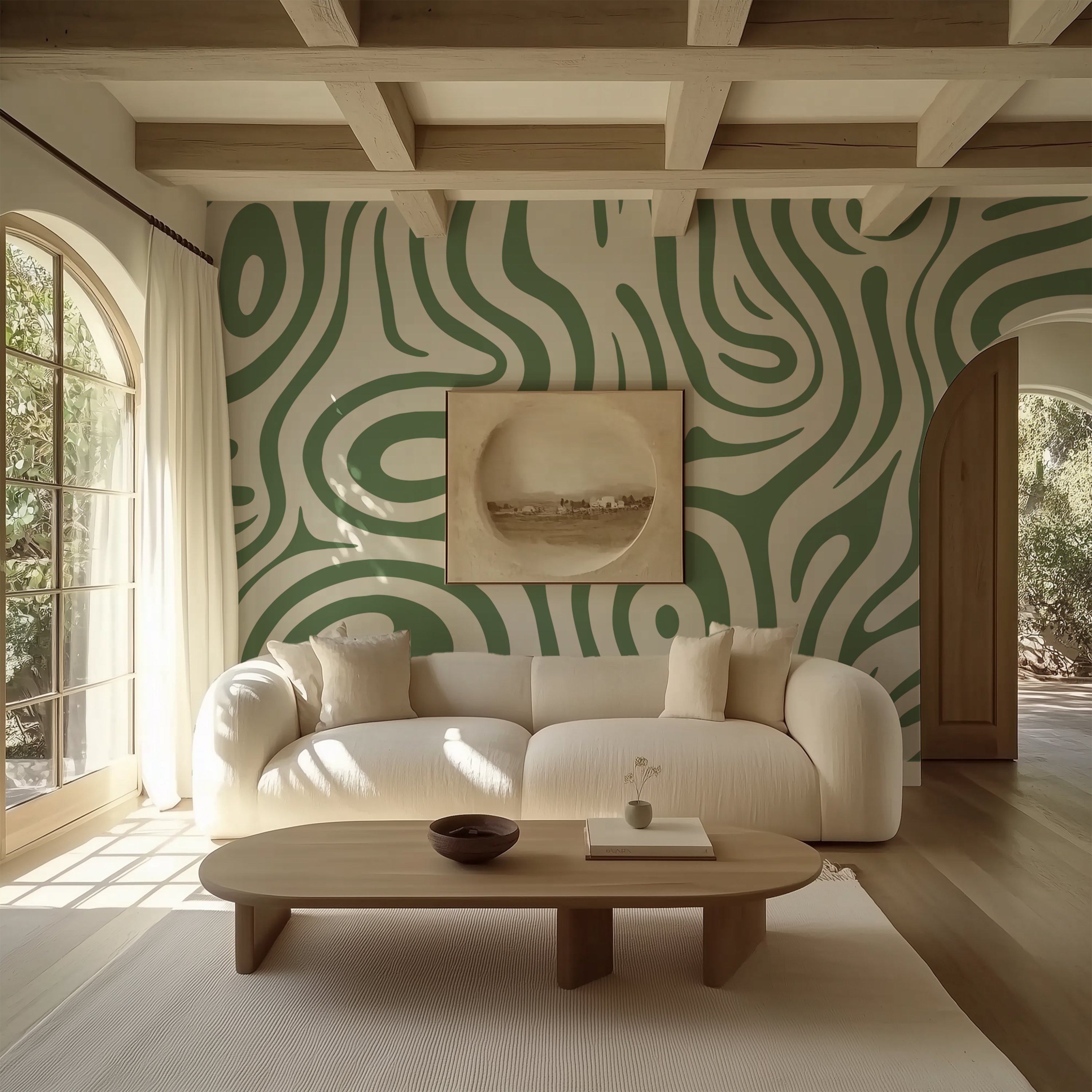 Minimalist feature wall showcasing sage green contour wallpaper behind a wooden chair in a contemporary home.