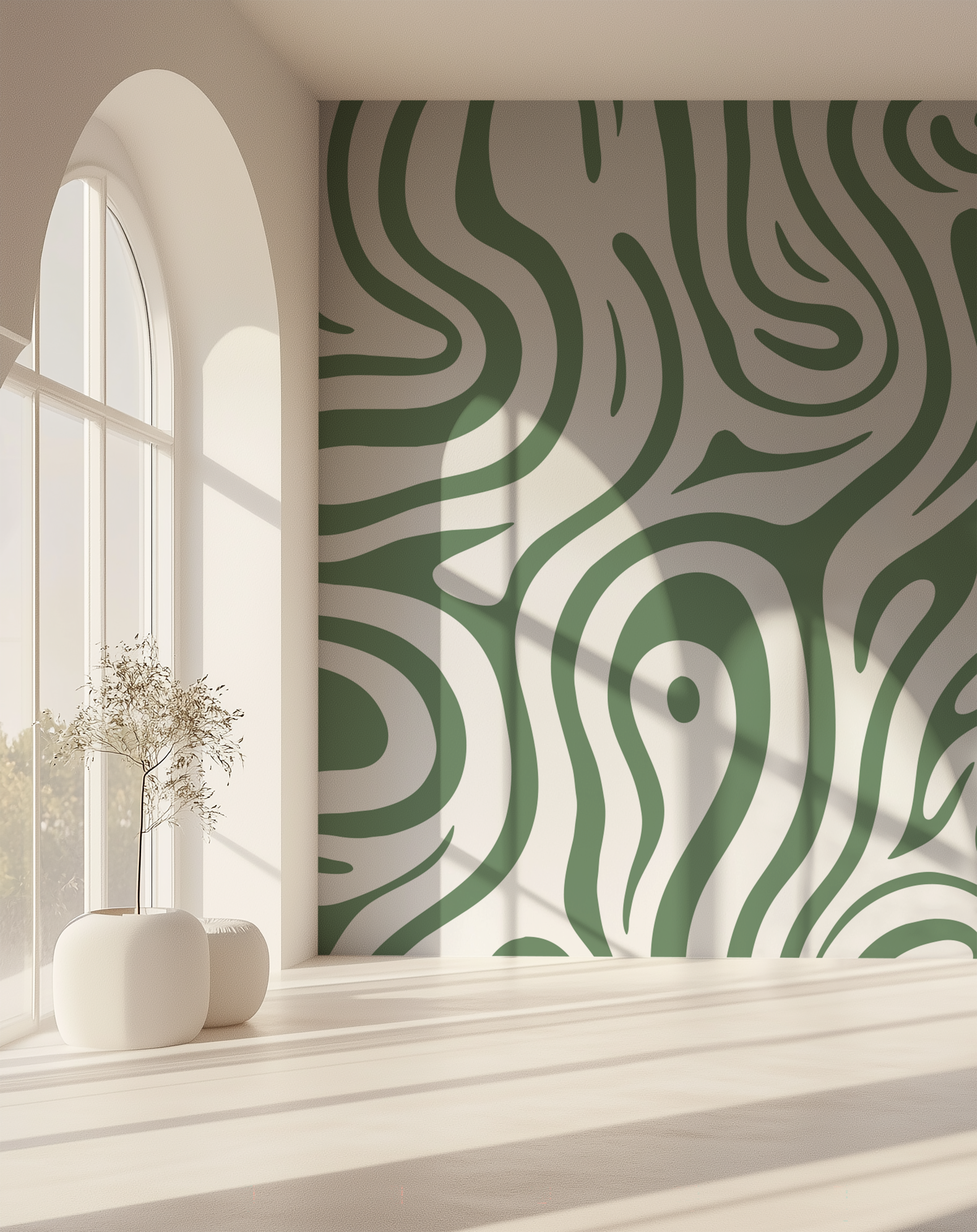Sage green contour wallpaper creating a calming Scandinavian feature wall with soft natural sunlight.