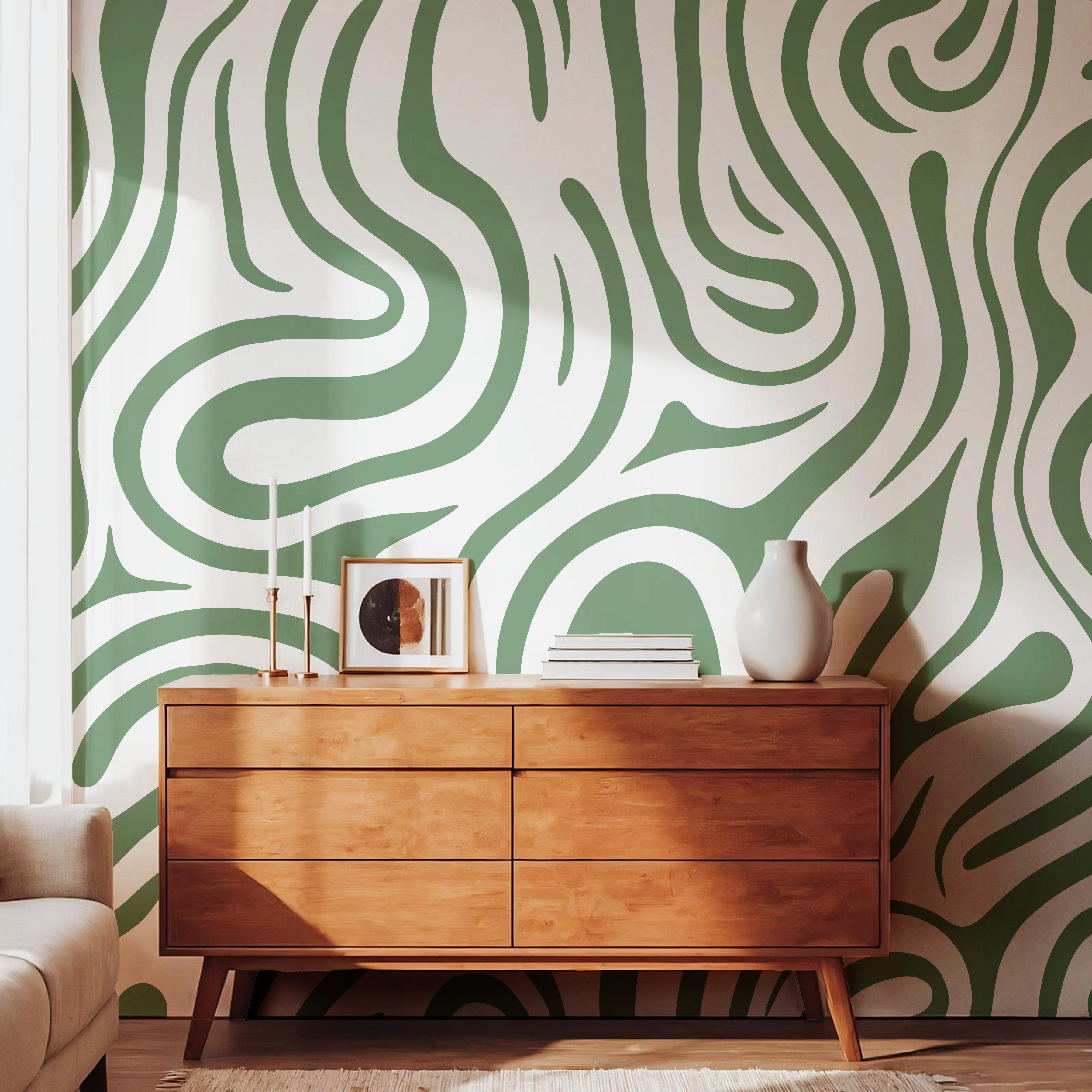 Modern wooden sideboard styled against Topo Sage contour wallpaper in a Scandinavian living room.