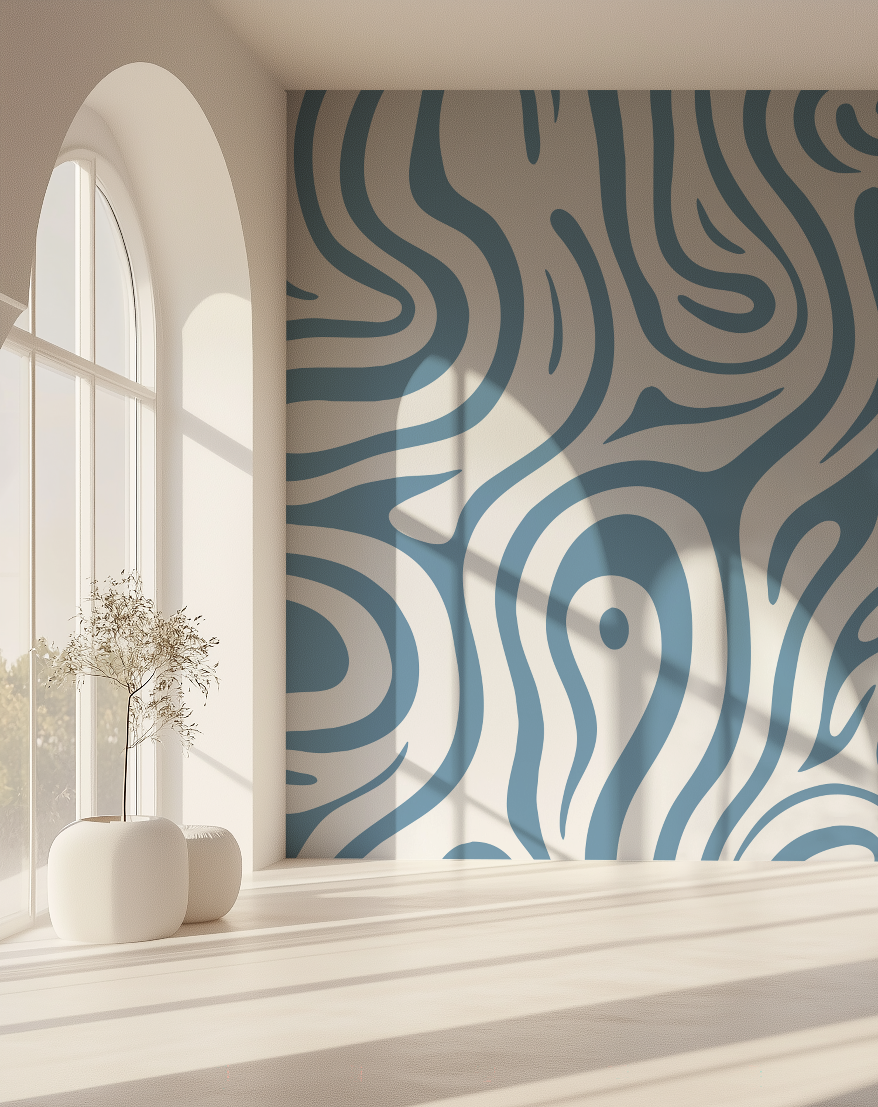 Sky blue contour wallpaper creating a modern Scandinavian living room with flowing abstract lines and soft natural light.