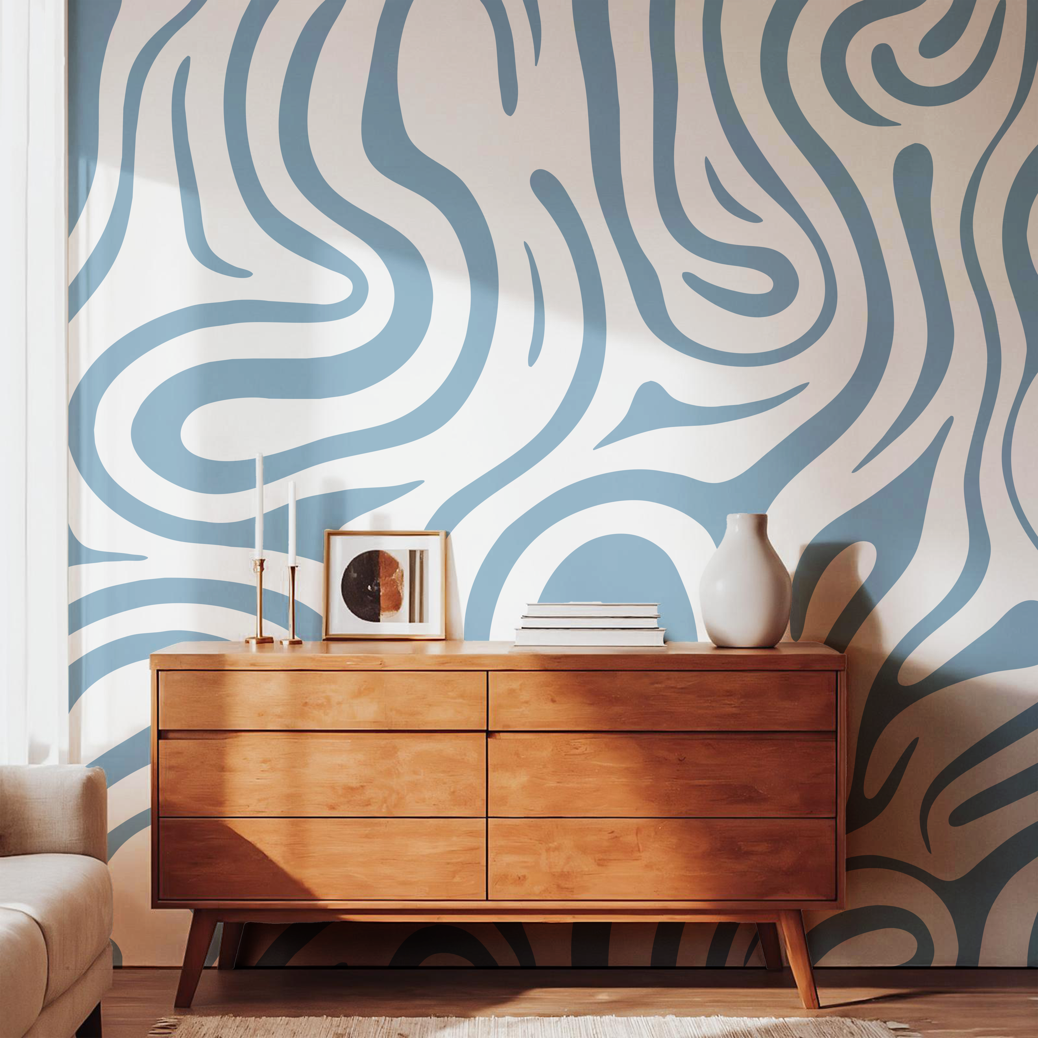 Modern sideboard styled against Topo Sky blue contour wallpaper in a Scandinavian-inspired living space.