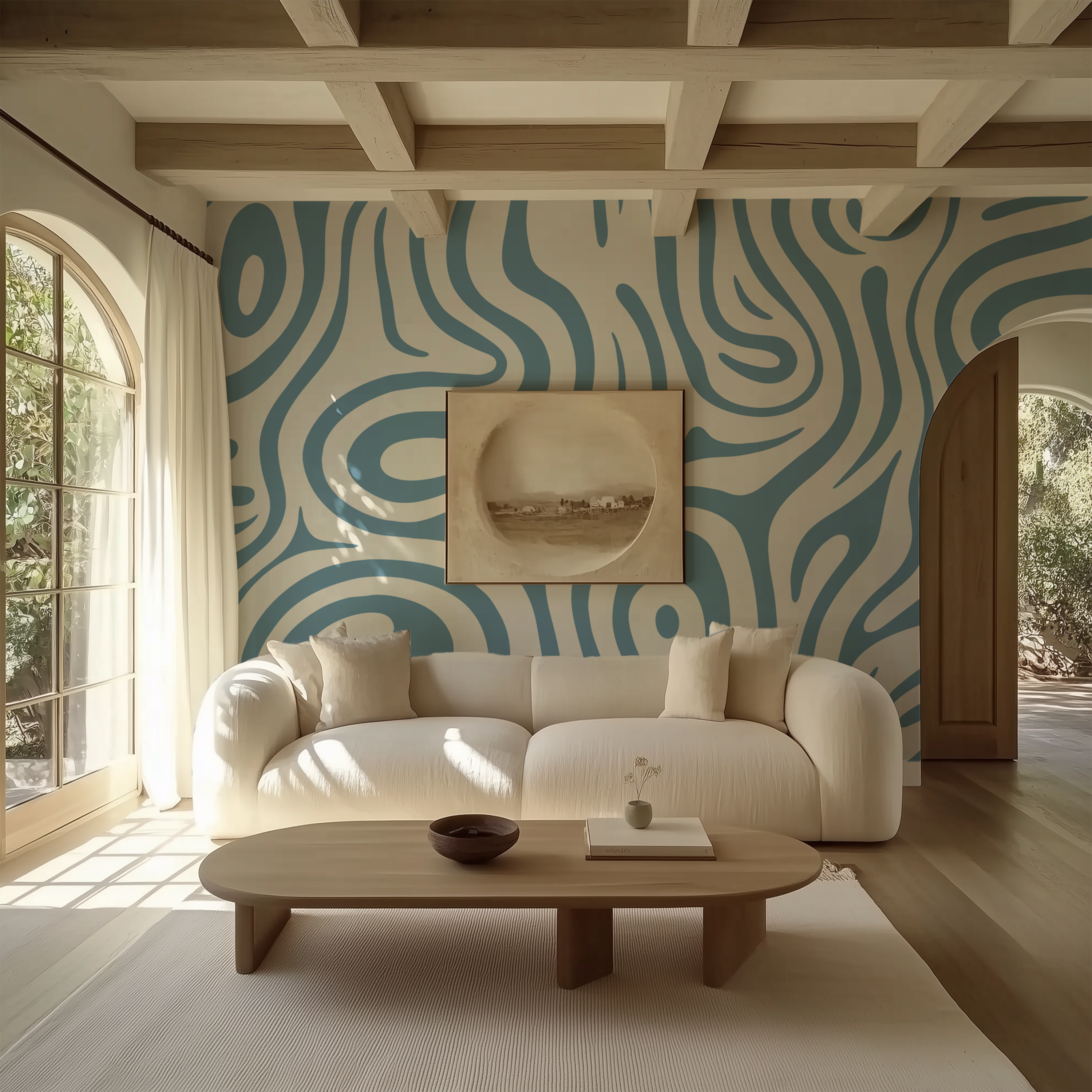 Contemporary living room featuring Topo Sky blue contour wallpaper behind a curved white sofa with warm wood accents.