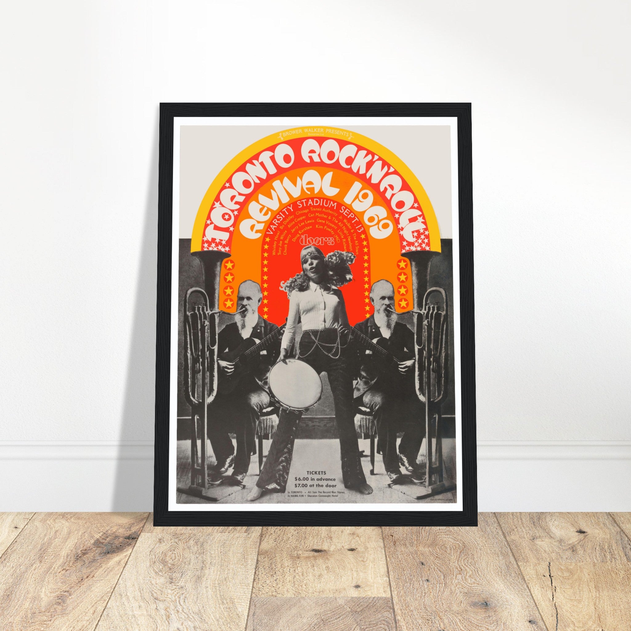 Step back into 1969 rock history with this legendary Toronto Rock 'n' Roll Revival poster. Held at Varsity Stadium at the University of Toronto, this iconic festival featured over 20,000 fans and unforgettable performances by The Doors, Chuck Berry, Jerry Lee Lewis, Alice Cooper, Little Richard, and many more. Other legendary artists included Bo Diddley, Junior Walker and the All Stars, Gene Vincent, and Cat Mother & the All Night News Boys. Hosted by Kim Fowley, this 1969 rock festival poster is a must-hav