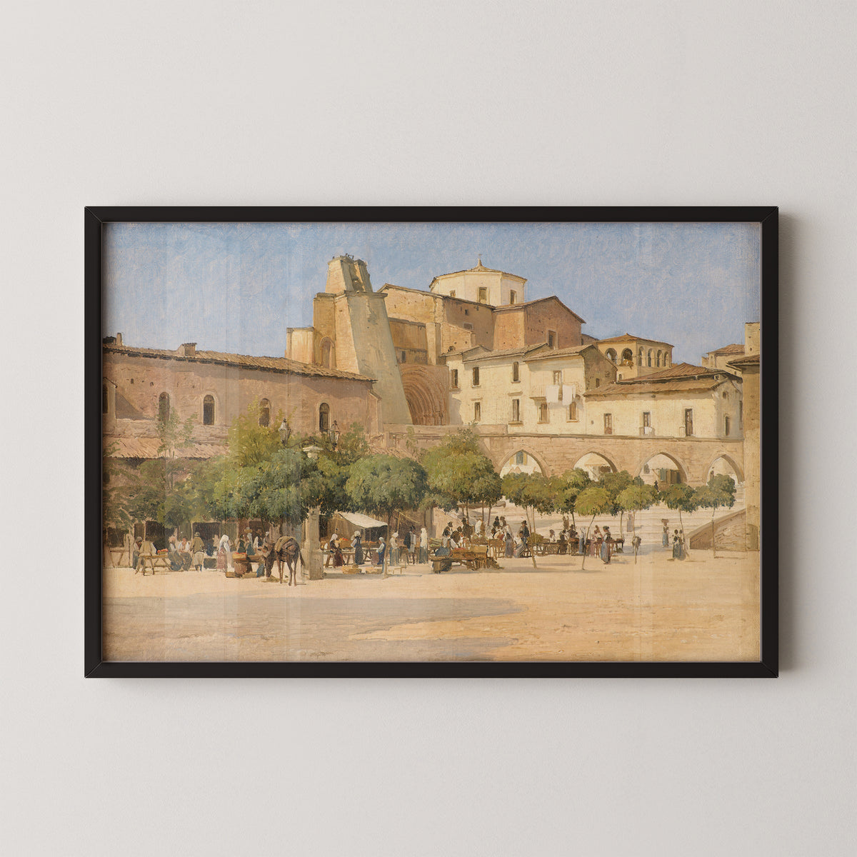 The Market Square in Sulmona by Edvard Petersen, Italian town art print in a black frame