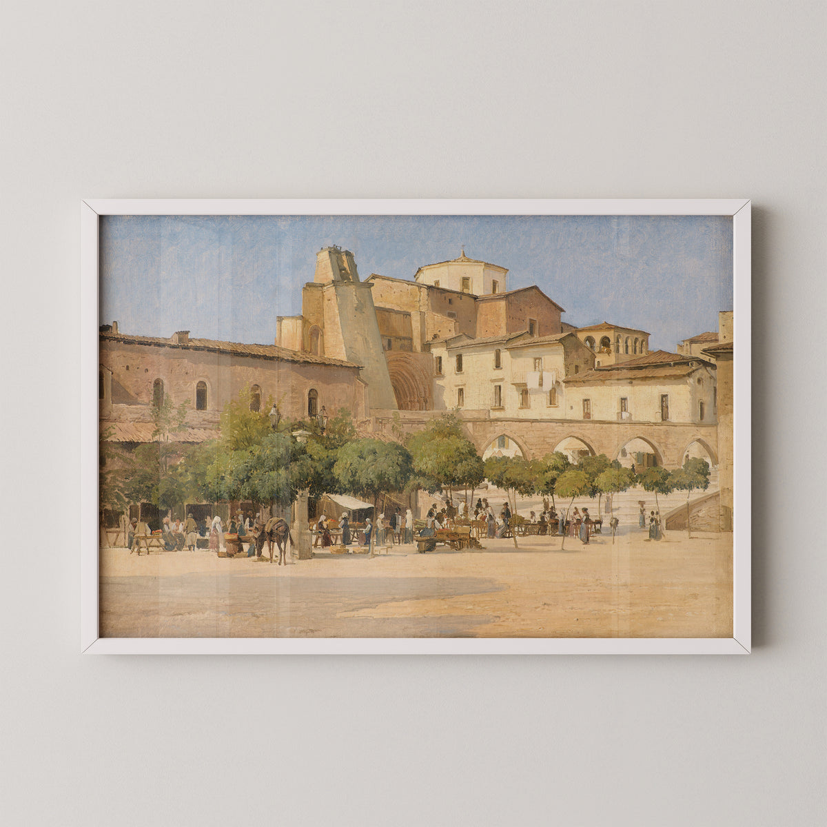 White-framed The Market Square in Sulmona print by Danish painter Edvard Petersen