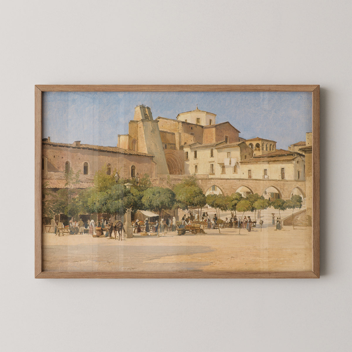 Natural wood-framed Edvard Petersen print of Torvet i Sulmona, an Italian market square