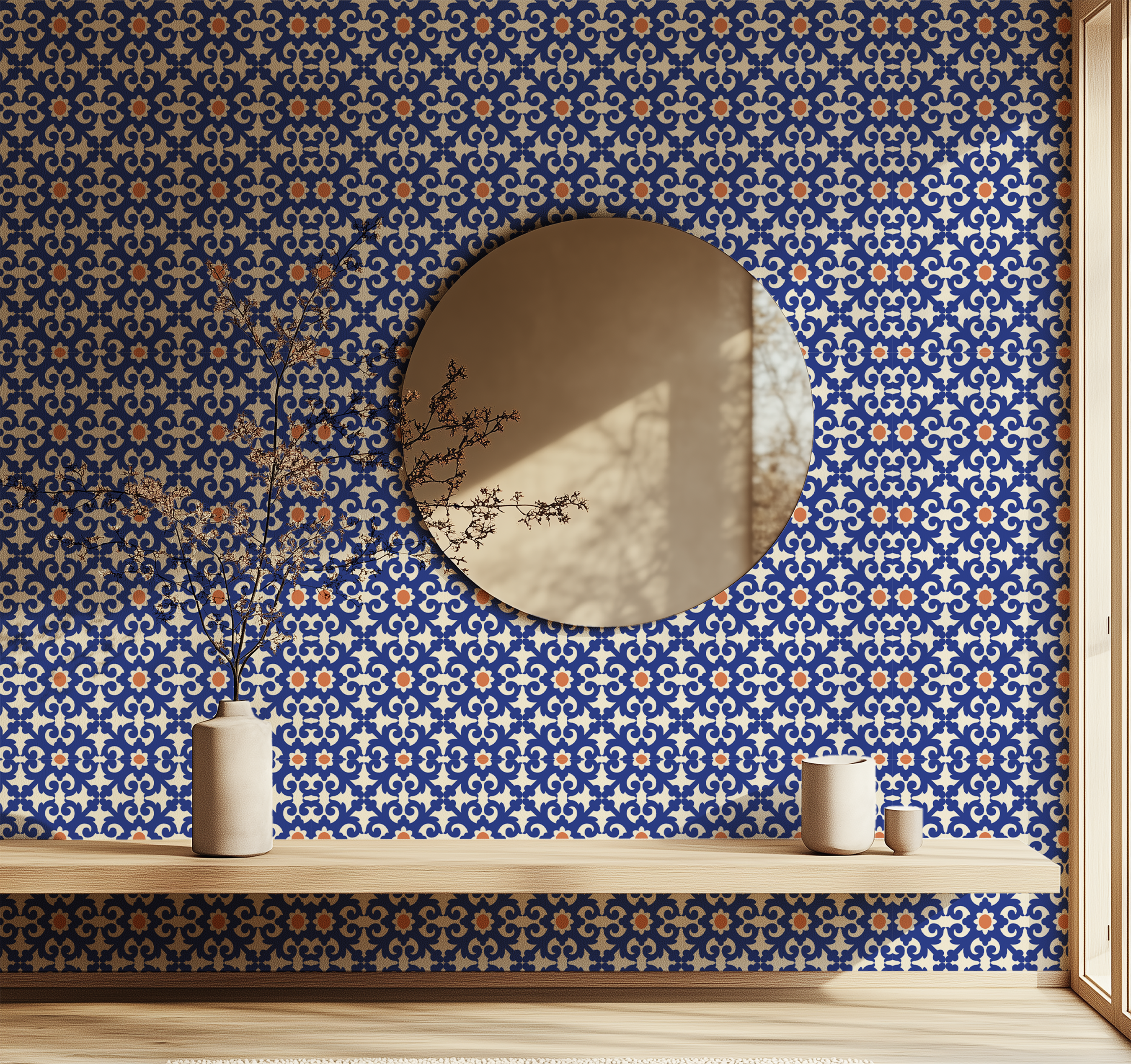 Traditional azulejo wallpaper, Portuguese ceramic tiles, blue ornamental wallpaper, classic Mediterranean wallpaper, custom wallpaper