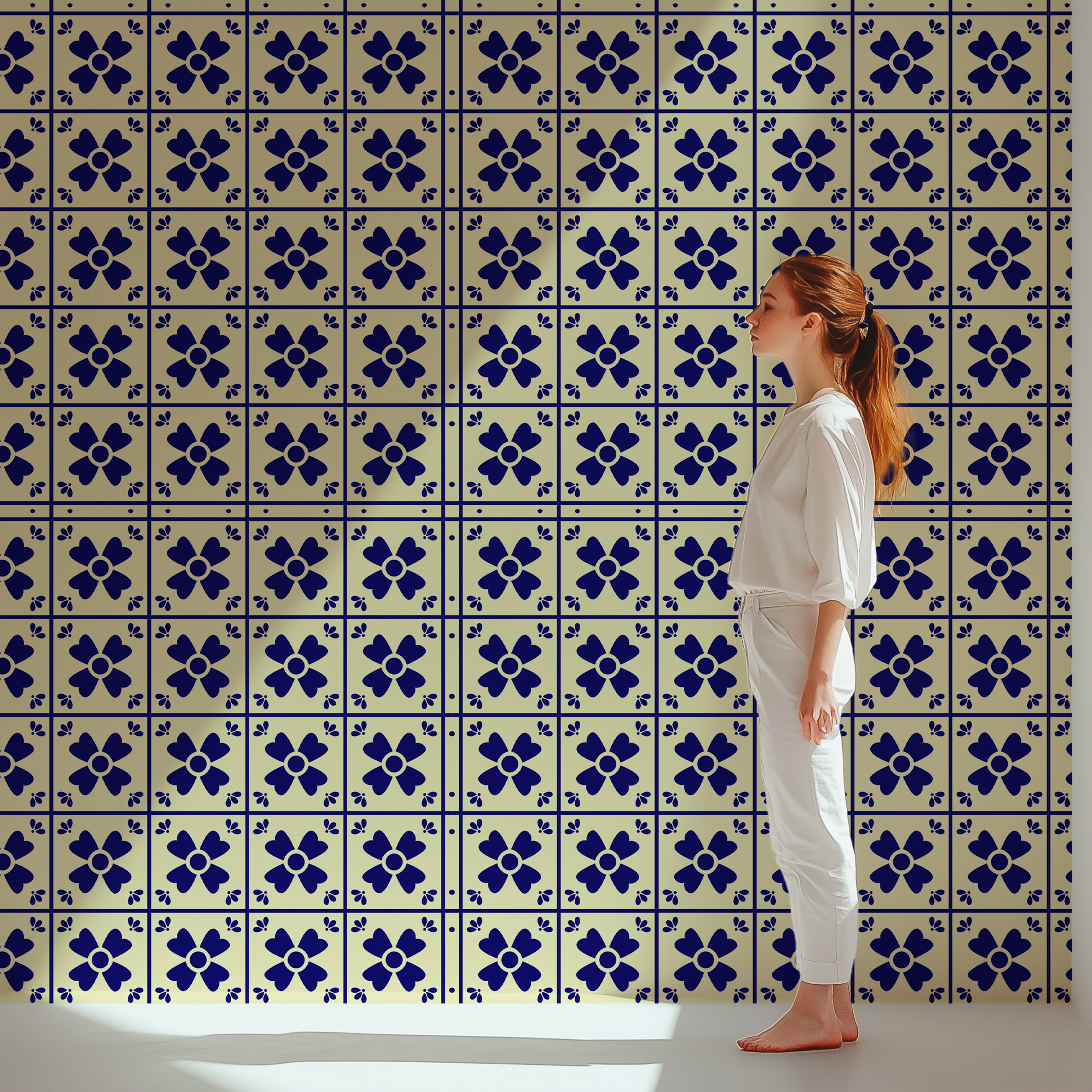 Traditional Portuguese wallpaper, blue floral tile wallpaper, ceramic wall covering, Mediterranean decor, premium wallpaper