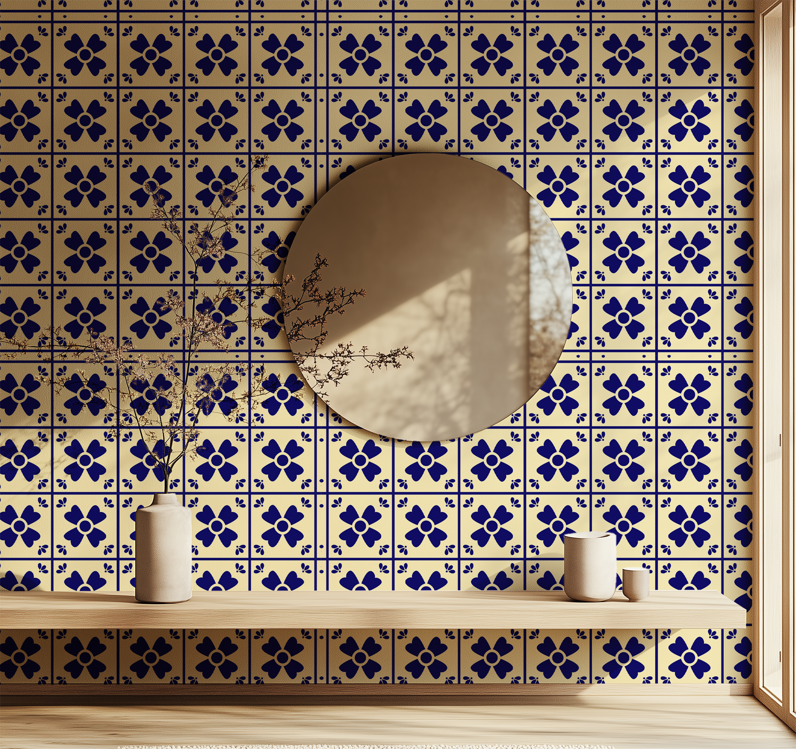 Mediterranean wallpaper, floral azulejo wallpaper, Portuguese ceramic wallpaper, decorative blue tile wallpaper, luxury wall covering