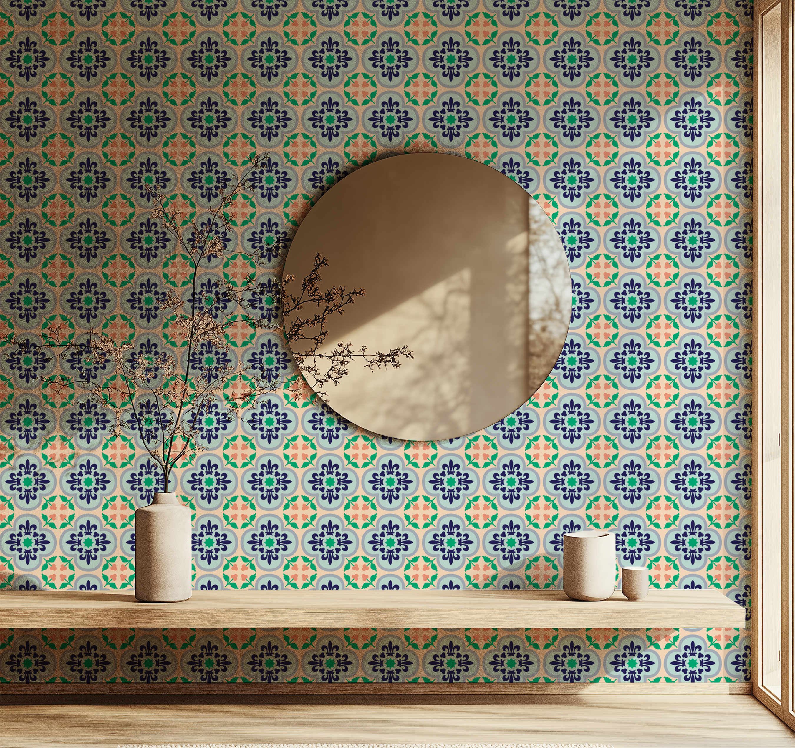 Traditional Portuguese wallpaper, azulejo tile wallpaper, ceramic wallpaper, decorative Mediterranean wallpaper, non woven wallpaper