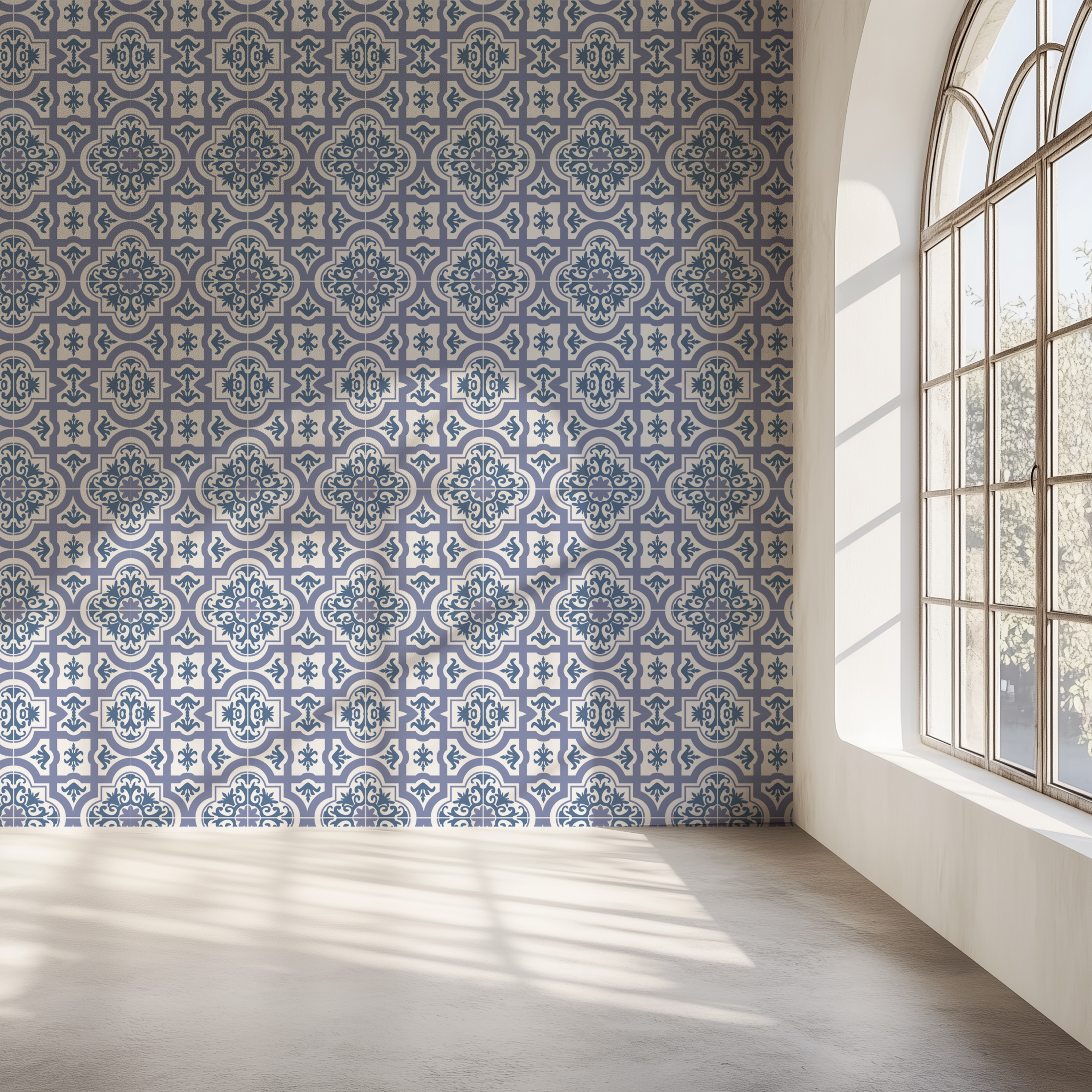 Portuguese wallpaper, azulejo tile wallpaper, blue patterned wallpaper, ceramic mosaic wallpaper, Mediterranean decor, luxury wall covering