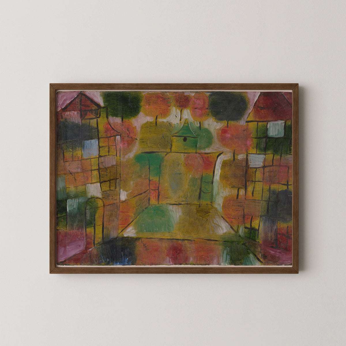 Tree and Architecture Rhythms by Paul Klee, art print in a dark wood frame