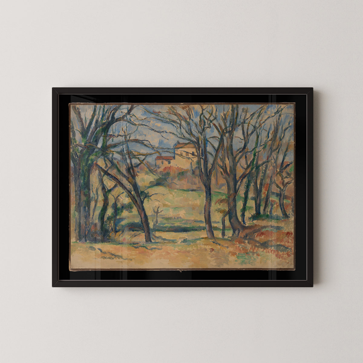 Trees and Houses Near the Jas de Bouffan by Paul Cézanne, bare trees and ochre houses in a black frame