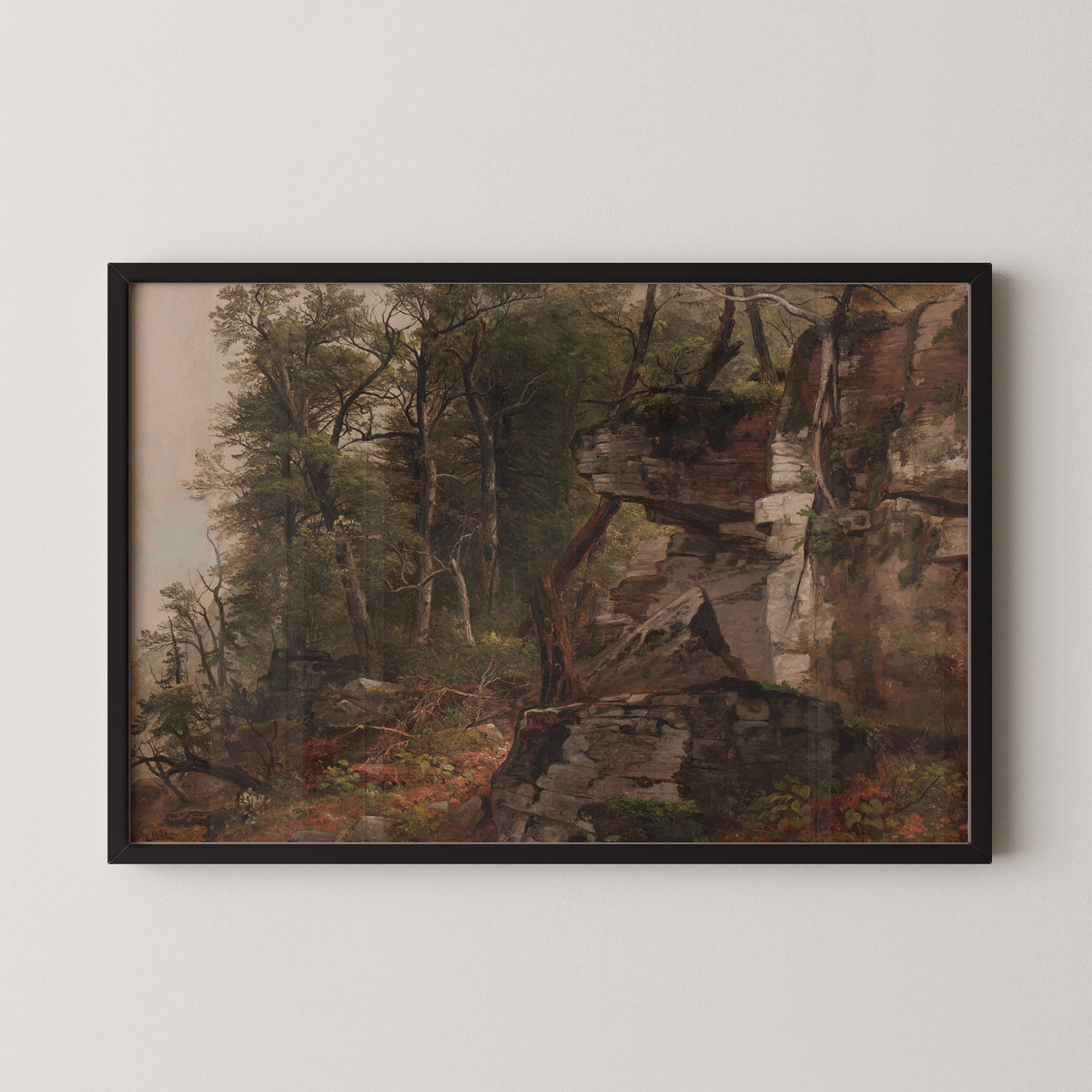 Trees on a Rocky Hillside by Asher B. Durand, art print in a black frame