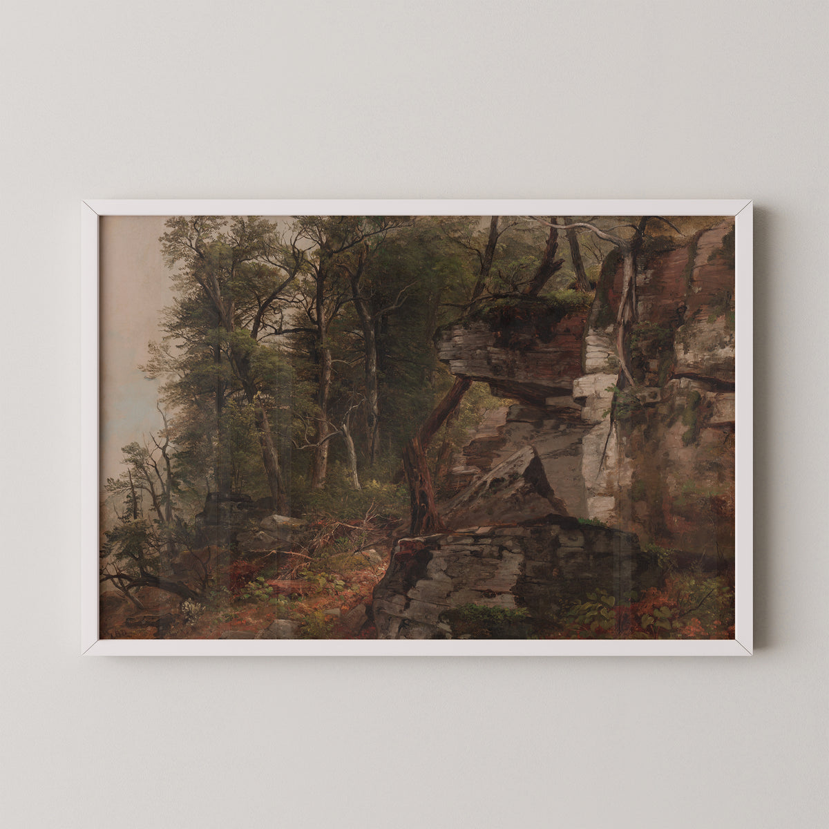 Trees on a Rocky Hillside by Asher B. Durand, art print in a white frame