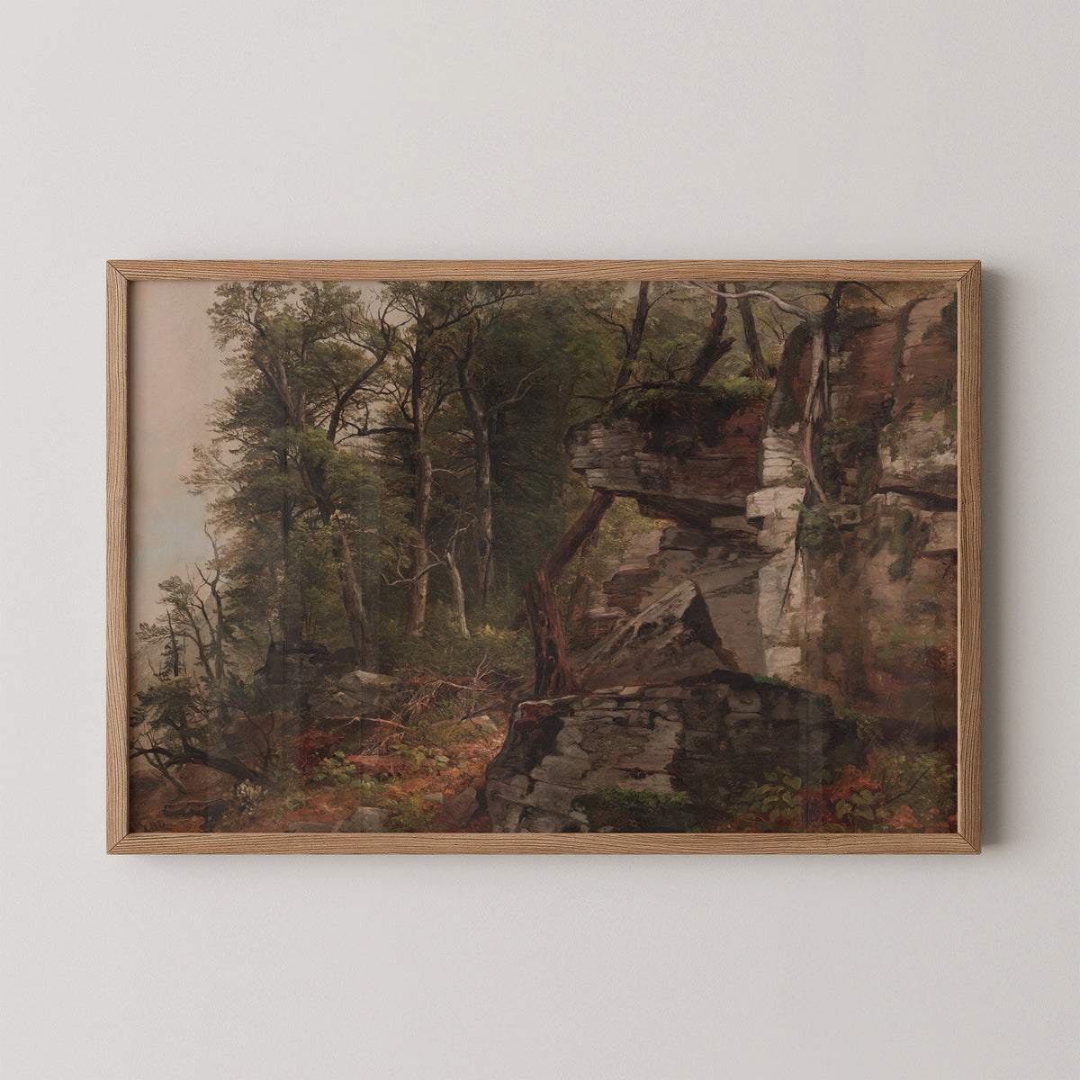 Trees on a Rocky Hillside by Asher B. Durand, art print in a natural wood frame